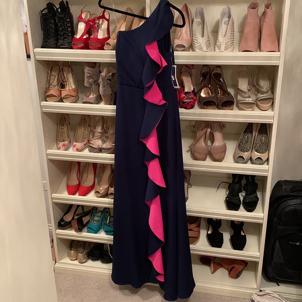 Navy & Pink One Shoulder Evening Gown